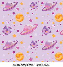 Space pattern with comets, stars, spaceships, ufo and sun planet. Vector illustration.