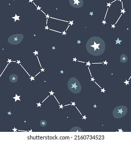 Space pattern with constellations. Astronomy vector seamless print with stars in night sky.