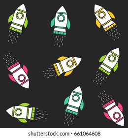 Space pattern with cute hand drawn rockets. Sky seamless doodle background. Design for kids fabric.