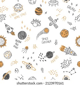 Space pattern. Doodle cosmos illustration set. Cartoon style for nursery design. Solar system sketch