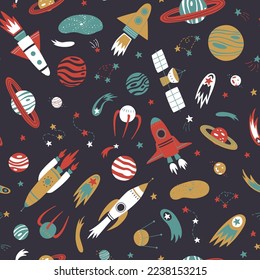 Space pattern. Doodle planets and spaceships seamless background.