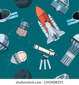 Space pattern. exploration universe items telescope comet shuttle and rocket vector seamless background