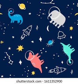 Space pattern hand drawing and animals illustration vector