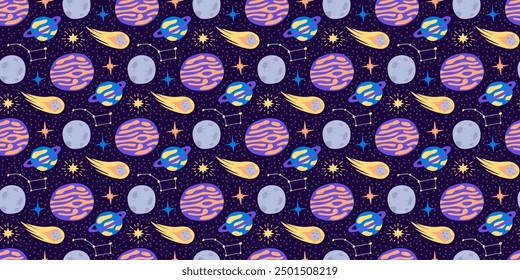 Space pattern for kids. Outer space with funny planets, comet, Ursa Major constellation. Moon and stars. Cute doodle elements of Galaxy. Seamless print of astronomy, astrology. Vector illustration