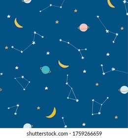 Space pattern, kids stars and moon background, vector repeat pattern 