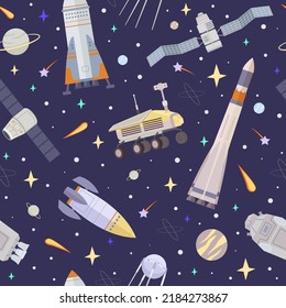 space pattern. moon outdoor stars comets rocks rockets and space shuttles with astronauts. Vector seamless background for textile design decoration