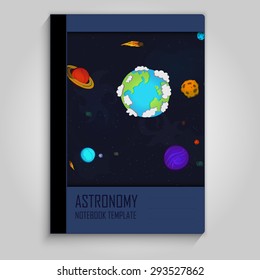 Space pattern with planets and asteroids. Notebook design. Astronomy copybook.