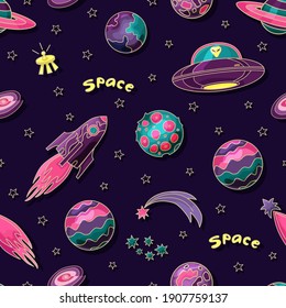 Space pattern with planets, a rocket, and UFO's. Starry sky. Vector background.