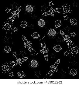  Space pattern. Planets, rockets and stars.