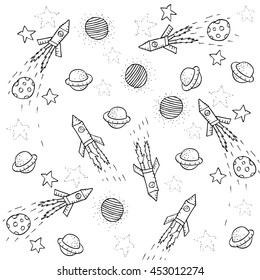  Space pattern. Planets, rockets and stars.