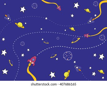 Space Pattern with Planets Solar System, Sun, Rocket, Spaceship, Universe Meteorite and Stars. Doodle Cartoon Cute. Space Vector Background for kids birthdays. Hand drawn 
