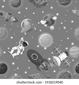 Weltraummuster mit Planeten und Sternen. Astronaut mit Rakete und Außerirdisch im offenen Raum Cute Design für Kindergewebe und Wickelpapier. Flat Cartoon Stil Raummuster.