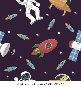 Space pattern with planets and stars. Astronaut with rocket and alien in the open space Cute design for kids fabric and wrapping paper. Flat cartoon style space pattern.