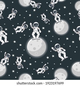 Space pattern with planets and stars. Astronaut with rocket and alien in the open space Cute design for kids fabric and wrapping paper. Flat cartoon style space pattern.