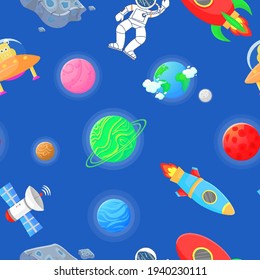 Space pattern with planets and stars. Astronaut with rocket and alien in the open space Cute design for kids fabric and wrapping paper. Flat cartoon style space pattern.