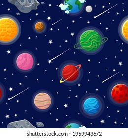 Space pattern with planets and stars. Astronaut with rocket and alien in the open space Cute design for kids fabric and wrapping paper. Flat cartoon style space pattern.