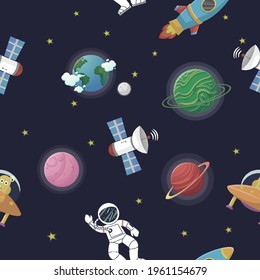 Space pattern with planets and stars. Astronaut with rocket and alien in the open space Cute design for kids fabric and wrapping paper. Flat cartoon style space pattern.
