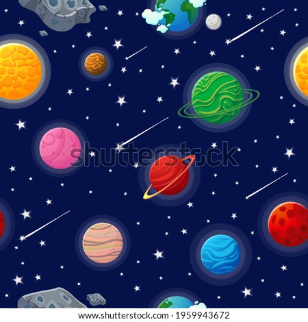 Space pattern with planets and stars. Astronaut with rocket and alien in the open space Cute design for kids fabric and wrapping paper. Flat cartoon style space pattern.