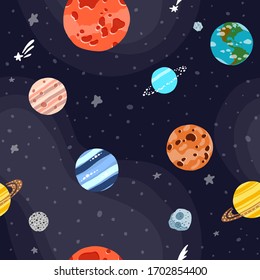 Space pattern with planets and stars. Bright childish tile. Solar system planets repeated tile. Cute design for kids fabric and wrapping paper. Hand drawn funny space pattern.