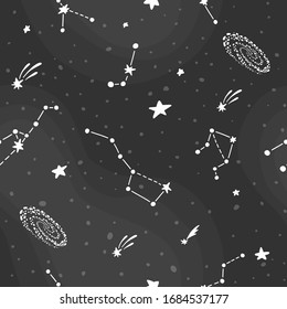 Space pattern with planets and stars. Cute design for kids fabric and wrapping paper. Constellations on dark night sky. Bright childish tile. Hand drawn funny space pattern.