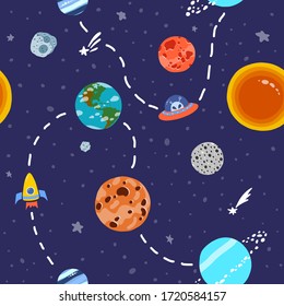 Space pattern with planets and stars. Cute design for kids fabric and wrapping paper. Space exploration concept. Bright childish tile. Hand drawn funny space pattern.