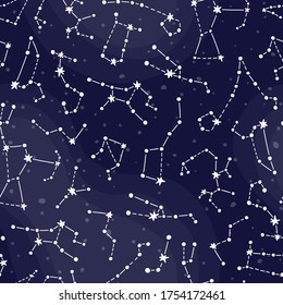 Space pattern with planets and stars. Cute design for kids fabric and wrapping paper. Constellations on dark night sky. Bright childish tile. Hand drawn funny space pattern.