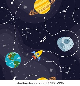 Space pattern with planets and stars. Cute design for kids fabric and wrapping paper. Rocket space travel. Bright childish tile. Hand drawn funny space pattern.