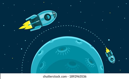 Space pattern with planets, stars, moon and flying rockets. Flat cartoon space background. Asteroid or planet orbit, aliens in craters. Vector illustration.