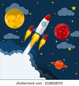 Space pattern with planets, stars and rocket. Vector illustration. Cartoon space background in flat design.