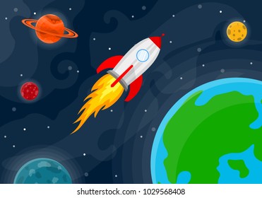 Space pattern with planets, stars and rocket. Vector illustration. Cartoon space background in flat design.