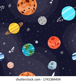 Space pattern with planets and stars. Solar system planets repeated tile. Bright childish tile. Cute design for kids fabric and wrapping paper. Hand drawn funny space pattern.