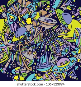 Space pattern. Planets, ufo, doodle. Vector illustration drawn by hand