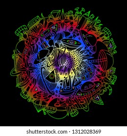 Space pattern. Planets, ufo, doodle. Vector illustration drawn by hand