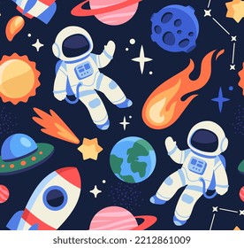 Space pattern. Repeating template with rockets, astronauts in spacesuit, comets, planets and stars. Design element for printing on fabric. Universe or galaxy. Cartoon flat vector illustration