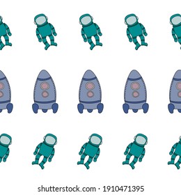 Space pattern with rocket and astronaut. minimalistic design for kids fabric and wrapping paper. Space exploration concept. Bright childish tile. Hand drawn simple space pattern.