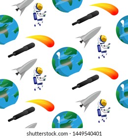 
Space pattern with a rocket, comet, meteorite, meteor, cosmonaut, Earth. Vector illustration.
