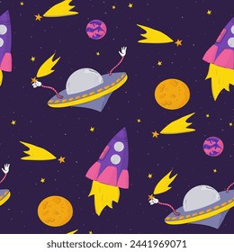 Space pattern with a rocket and a flying saucer