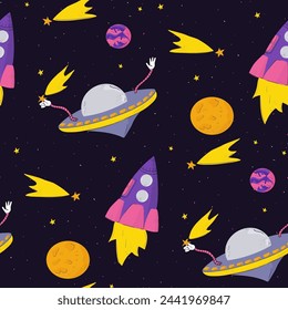 Space pattern with a rocket and a flying saucer on a dark background