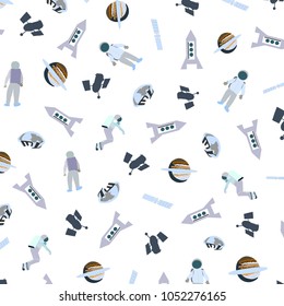 Space Pattern with Satellite & Planets & Spacemen. Might be Used for Textile and Fabric, as well as Web Design. Vector Illustration 