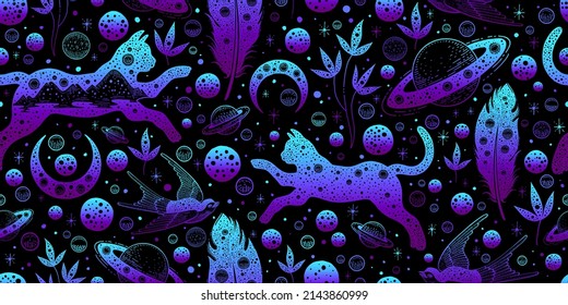 Space pattern. Seamless boho background with cat, moon. Magic print. Vintage black gothic pattern. Witch cat bird galaxy doodle vector illustration. Celestial psychedelic seamless. Esoteric wallpaper