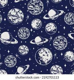 Space pattern seamless monochrome vintage galaxy with planets of different types among mysterious sci-fi stars in universe vector illustration