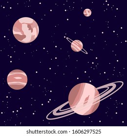 Space pattern seamless. Pink universe repeated background with planets and stars. Night star sky design. Vector illustration