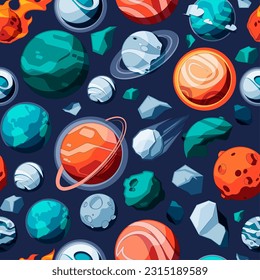 Space pattern. Seamless print of cartoon universe with stars and planets, cosmic galaxy with asteroids and comets design. Vector texture. Fantastic outer space with celestial bodies