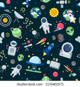 Space pattern. Shuttle rocket astronaut stars interstellar mars planets travel vector seamless cartoon pictures. Rocket and shuttle for travel, cartoon pattern universe illustration