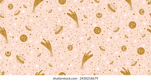 Space pattern. Star, saturn, planet, comet, moon print in pink and gold background. Doodle galaxy. Cute astrology vector. Space seamless pattern. Doodle space seamless pattern with pink sky, gold star