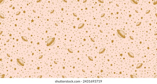 Space pattern. Star and saturn planet print in pink and gold background. Doodle galaxy. Cute astrology vector. Space seamless pattern. Doodle space seamless pattern, horoscope spiritual background