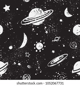 Space pattern with stars, planet and moon. Cosmos Background. Night Sky. Hand-Drawn Vector illustration. You can decorate T-shirts, swimsuits, hats, pants, bags, phone cases, and combine to create 