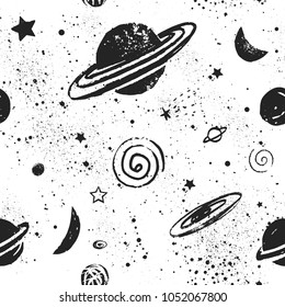 Space pattern with stars, planet and moon. Cosmos Background. Night Sky. Hand-Drawn Vector illustration. You can decorate T-shirts, swimsuits, hats, pants, bags, phone cases, and combine to create 