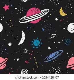 Space pattern with stars, planet and moon. Cosmos colorful  Background. Night Sky. Hand-Drawn Vector illustration. You can decorate T-shirts, swimsuits, hats, pants, bags, phone cases.