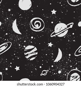 Space pattern with stars, planet and moon. Cosmos Background. Night Sky. Hand-Drawn Vector illustration. You can decorate T-shirts, swimsuits, hats, pants, bags, phone cases, and combine to create 